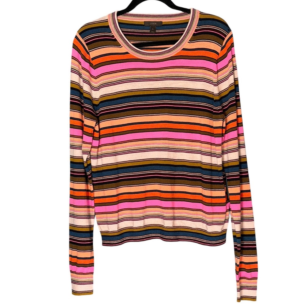 J Crew Womens XL Merino Wool Sweater Multicolor Striped Lightweight Crewneck